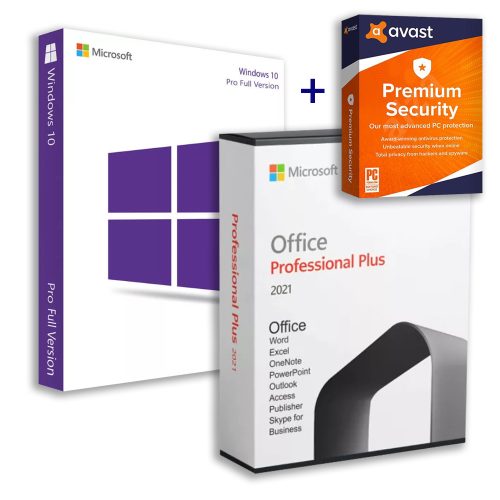 Microsoft Windows 10 Pro (OEM) + Office 2021 Professional Plus (Online-Aktivierung) + Avast Premium Security (1 Gerät / 1 Jahr)